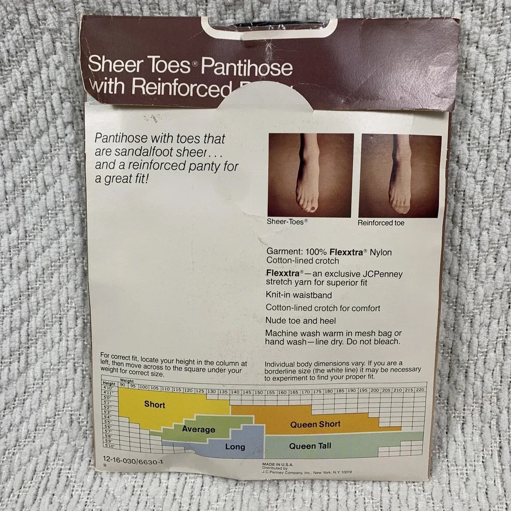 Vintage JCPenney Sheer Toes Pantyhose Size‎ Long Black 89 Long Wearing Pantihose
